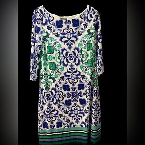 Vince Camuto Womens Blue & Green Printed Jersey Stretch Sheath Dress Size 8